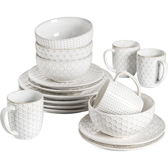 16 Piece Dinnerware Set, Arctic White, Stoneware Plates and Bowls With Mugs, Ideal for 4, Serve for 4, Stackable, Lead and Cadmium Free