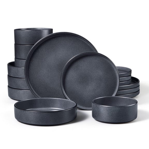 Vesteel 16 Pieces Dinnerware Sets, Premium Stoneware Dishes Set for 4, Ceramic Plates and Bowls Set for Home Restaurant, Microwave and Dishwasher Safe - Deep Gray