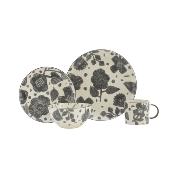 16 - Piece Dinnerware Set, Service for 4 with Floral Motifs in Gray