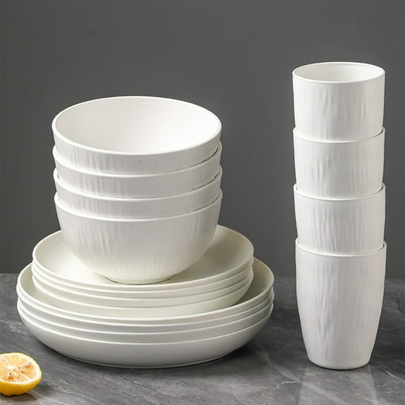 16 Piece Dinnerware Set Wheat Straw Plates Bowls and Cups Shatterproof Plastic Dishwasher Safe Microwave Safe Tableware Set for Kitchen Home Use Daily Meals BPA Free Dish Sets