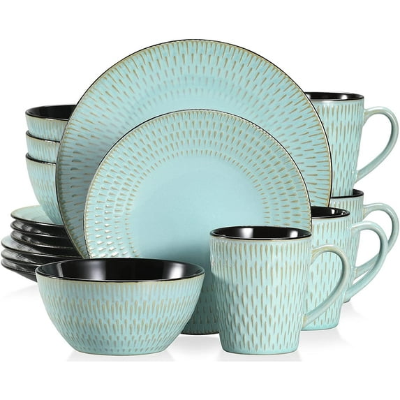 16-Piece Dinnerware Sets, Stoneware Dinner Set for 4, Round Green