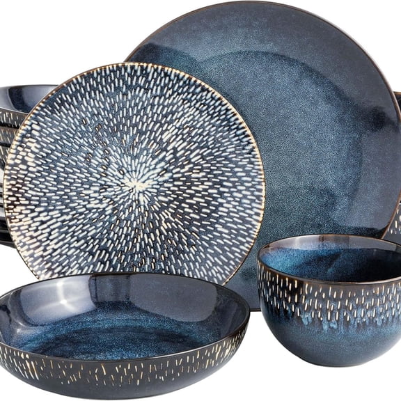 16 Piece Double Bowl Dinnerware Set, Cobalt Blue, Service for 4 (16pcs)