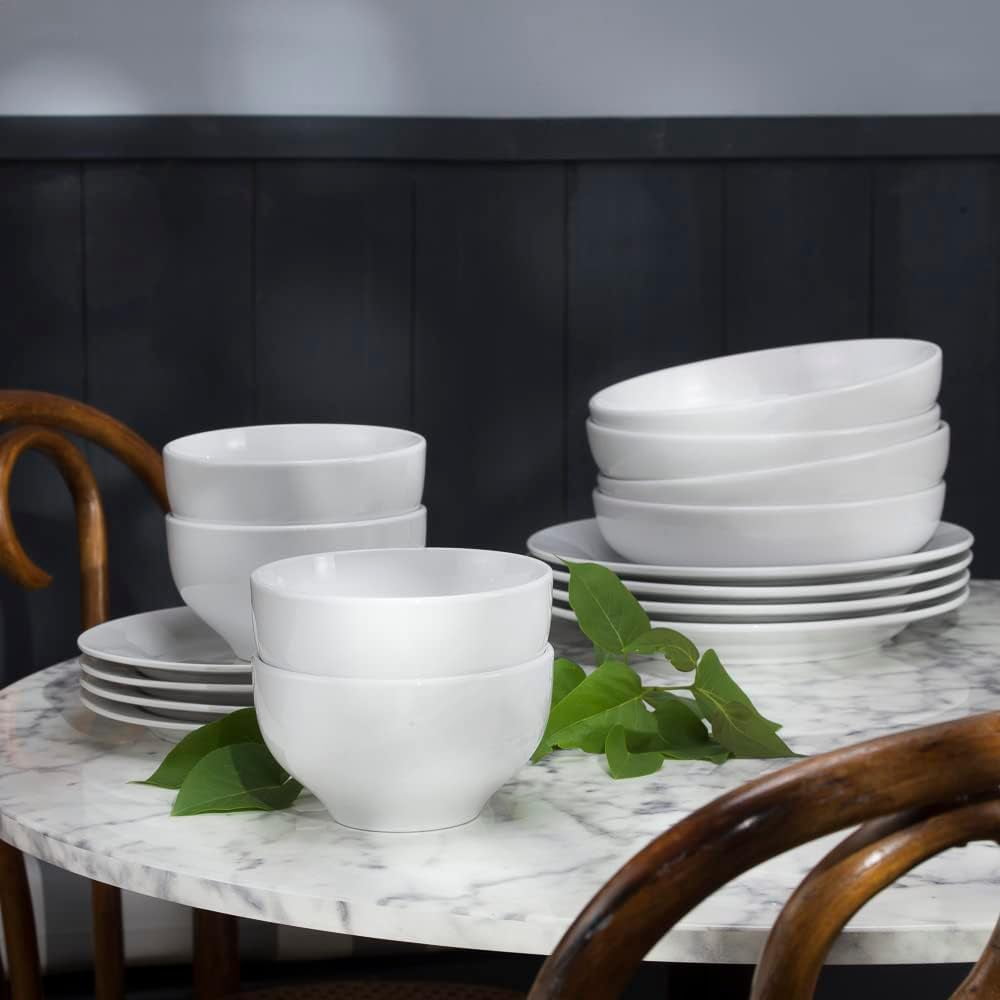 16 Piece Double Bowl Dinnerware SetTrueWhite Porcelain,Service For 4