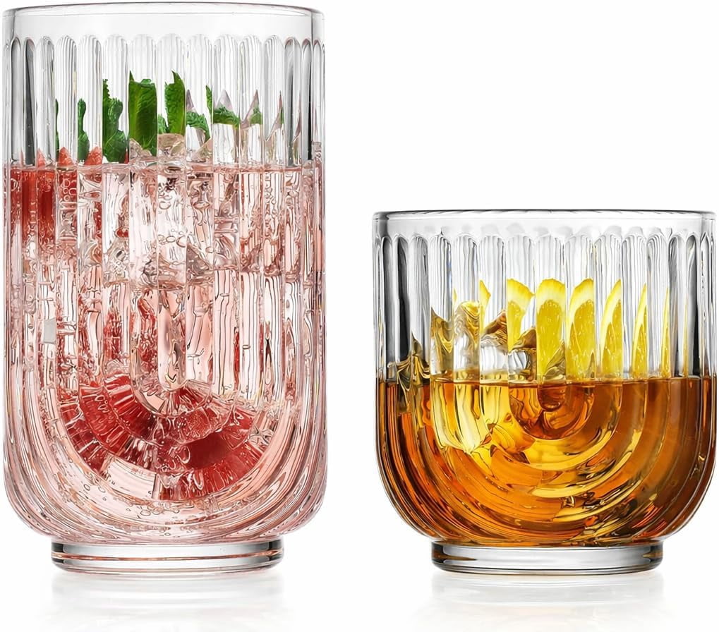 16-Piece Drinking Glass Set, Art Deco Ribbed Arch Design, Clear U-Shape ...