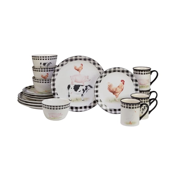 16-Piece Farm Animal Dinnerware Set, Service for 4 with Black and White Check Borders