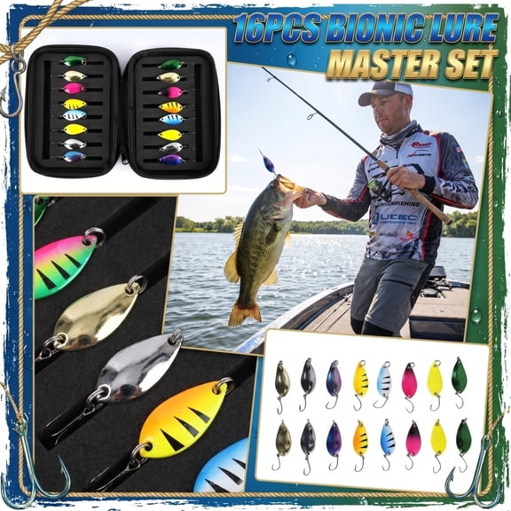 16 Piece Fishing Lures Set for Casting with Reflective Metal Spoon Baits for Bass Pike Perch in Lakes Rivers Reservoirs Outdoor Fishing Tackle Gear