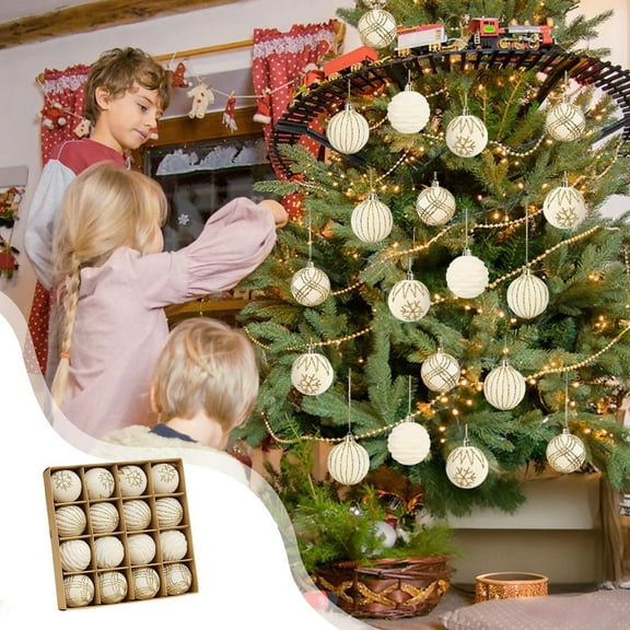16 Piece Flocked Christmas Ornament Set with Suede Finish Balls for Holiday Tree Decorating