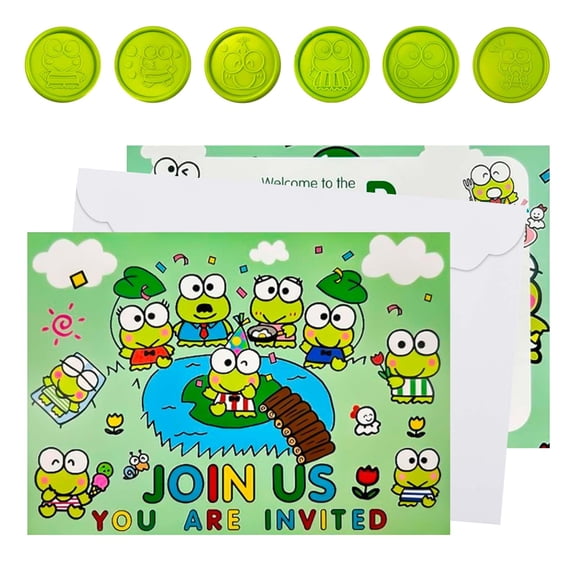 16-Piece Frog Themed Party Invitation Set (Includes Envelopes and Wax Seals) - 6.3" x 4.4", Green Invitations for Cartoon Parties, Birthday Party Invitations