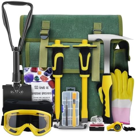 16-Piece Geological Rock Hammer Kit, Portable 32-ounce Hammer and Chisel Backpack Set, Suitable for Rock Hunting, Gold Mining, Ideal for Beginners and Enthusiasts.(yellow)