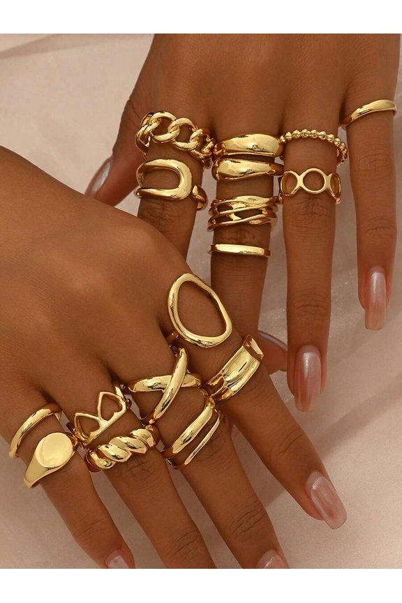 16-Piece Gold-2 Punk Retro Geometric Stackable Ring Set For Women