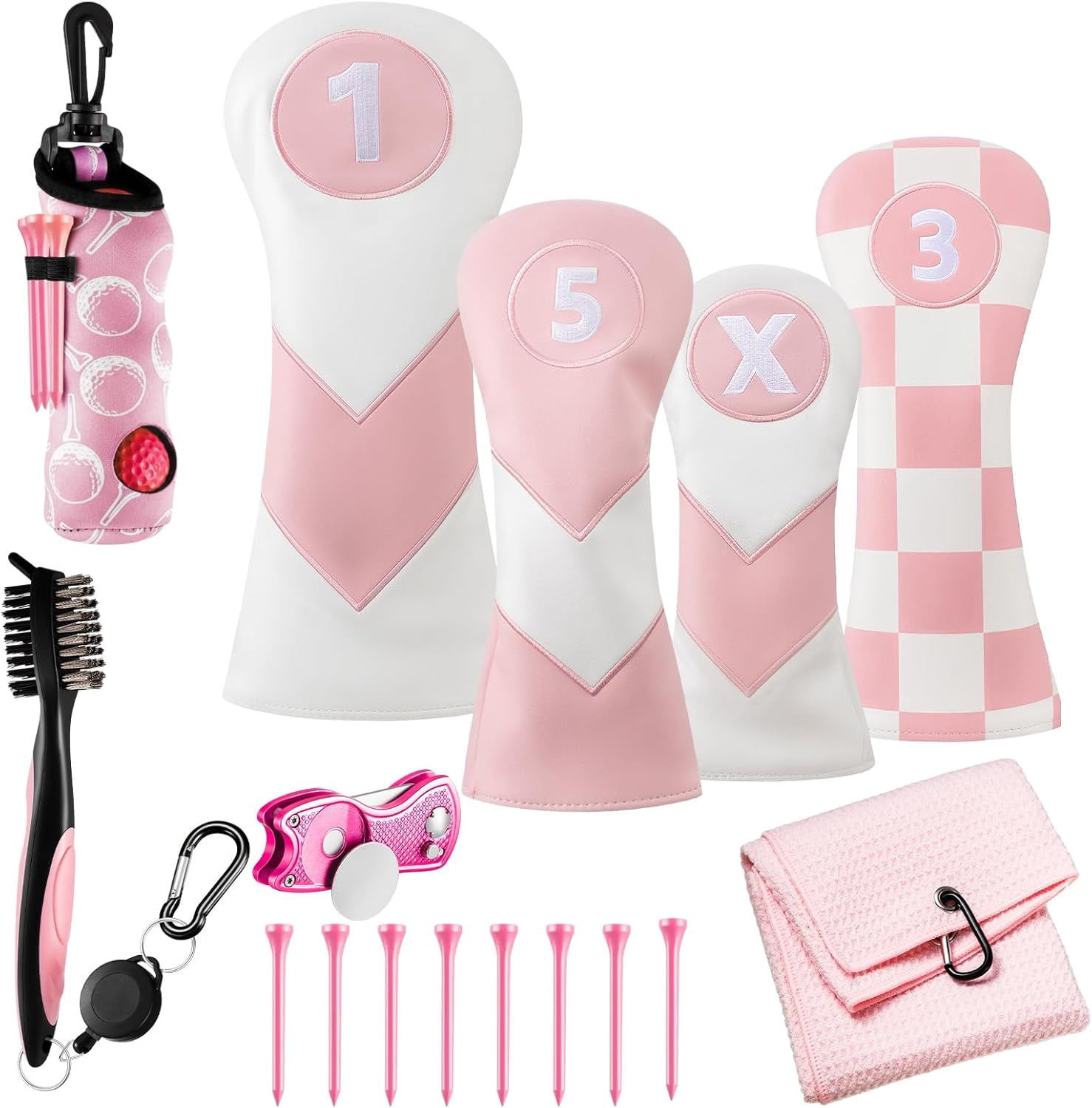16 Piece Golf Accessory Set with 4 Leather Club Headcovers for Woods, Drivers & Hybrids, Magnetic Ball Marker, Tees and Cleaning Brush for Men & Women