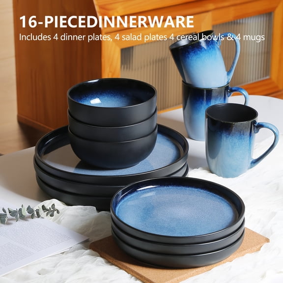 16-Piece Gradient Blue Ceramic Tableware Set - Microwave Safe for 4