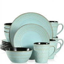 16 Piece Green Embossed Stoneware Tableware Set – Dinner, Dessert Plates, Soup Bowls, Mugs, Service for 4