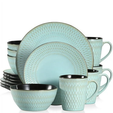 16 Piece Green Embossed Stoneware Tableware Set – Dinner, Dessert Plates, Soup Bowls, Mugs, Service for 4