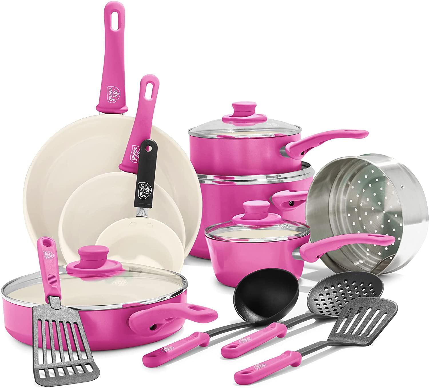 16 Piece GreenLife Soft Grip Healthy Ceramic Nonstick, Cookware Pots and Pans  Set, Bright Pink 