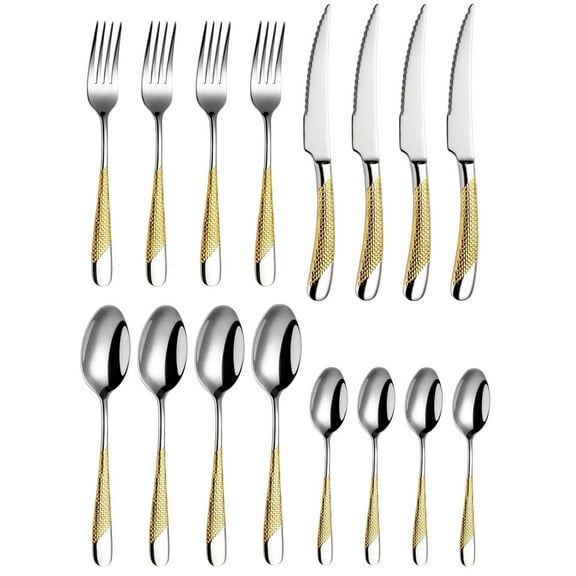 16 Piece Hammered Silver Gold Set, Modern Golden 18/10 Stainless Steel Flatware Set, Kitchen Utensil Set Service for 4, Tableware Set, Cutlery Set, Knives Forks Spoons Set
