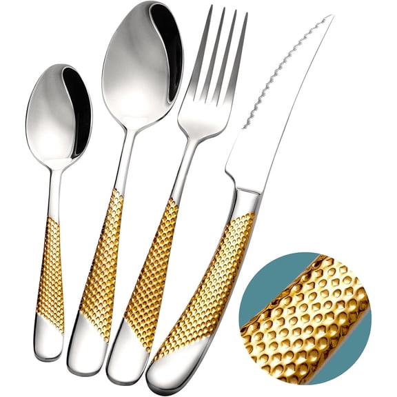 16 Piece Hammered Silver Gold Stainless Steel Flatware Set for 4