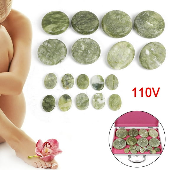 16-Piece Hot Stone Massage Set with Aluminum Heating Box  Natural Olivine Stones (Olive-Green), 113-176 Smart Temperature Protection, Cold Therapy Ready, 3 Heating Methods