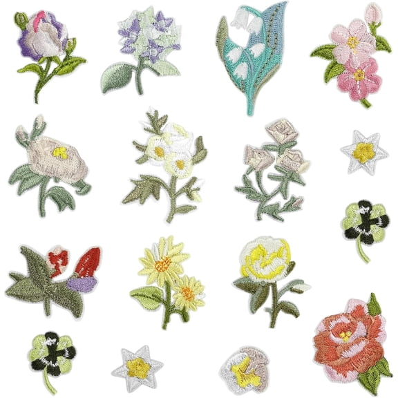 16-Piece Iron-On Flower Patches Assorted Sizes Embroidery Applique DIY For Backpack Clothing Men Women Kids