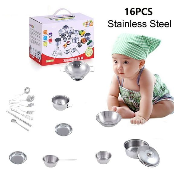 16 Piece Kids House Kitchen Toy Set, Complete Cookware with Pots Pans and Cooking Utensils, Pretend Play Gift for Toddlers and Children