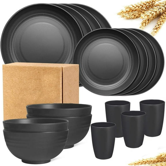 16-Piece Kitchen Plastic Wheat Straw Dinnerware Set, Service, Cereal Bowls, Cups, Dinner Plates, Dessert Plate, Unbreakable Plastic Outdoor Camping Dishes