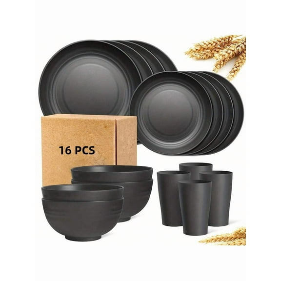 16 Piece Kitchen Wheat Straw Dinnerware Set, Service For 4, Dinner Plates, Dessert Plate, Cereal Bowls, Cups, Unbreakable Plastic Outdoor Camping Dishes