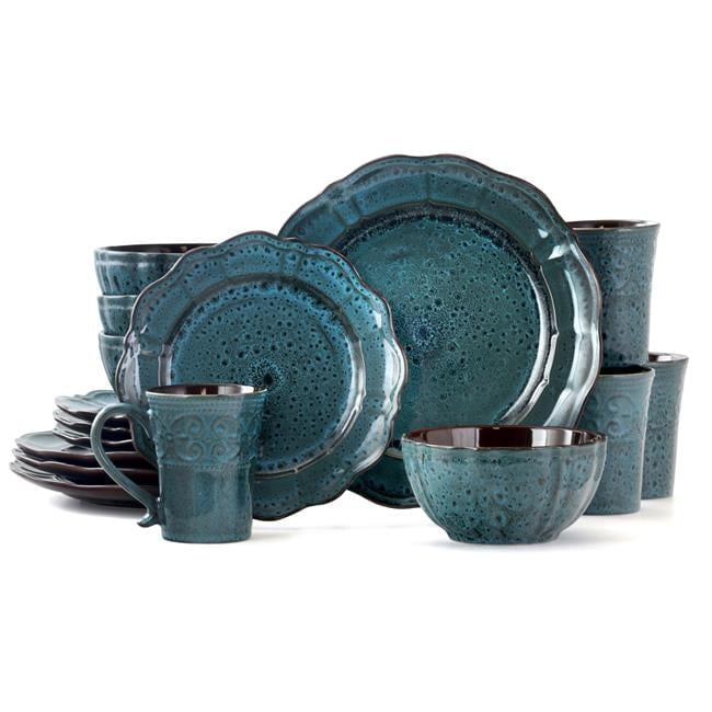 Lavish Blue Ceramic Round Dinnerware Set, Service for 4