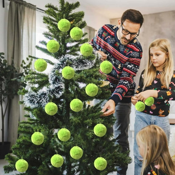 16 Piece Lime Green Furry Christmas Ball Ornaments, Soft Hanging Tree Decor, Plush Decoration for Holiday Theme, 6cm Size