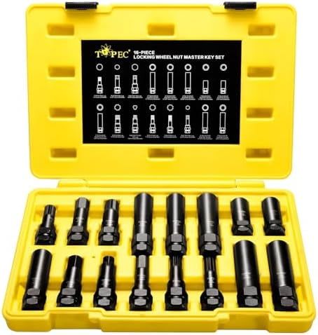 16-Piece Locking Lug Nut Master Key Set | 5, 6, 7, 12 Spline Socket Set, Star and Internal Hex Style Lug Nut Key Set, CR-MO Steel (Not for Hex, Deep, Large-Size, and 10-Spline)