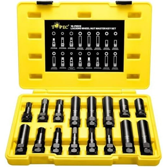 16-Piece Locking Lug Nut Master Key Set | 5, 6, 7, 12 Spline Socket Set, Star and Internal Hex Style Lug Nut Key Set, CR-MO Steel (Not for Hex, Deep, Large-Size, and 10-Spline)