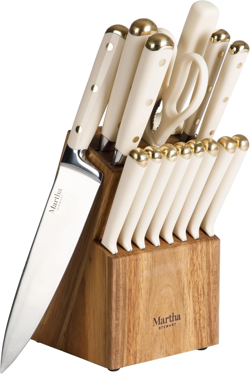 16 Piece Lockton High Carbon Stainless Steel Cutlery Kitchen Knife Block Set with ABS Triple Riveted Forged Handle Acacia Wood Block - Linen White with Gold