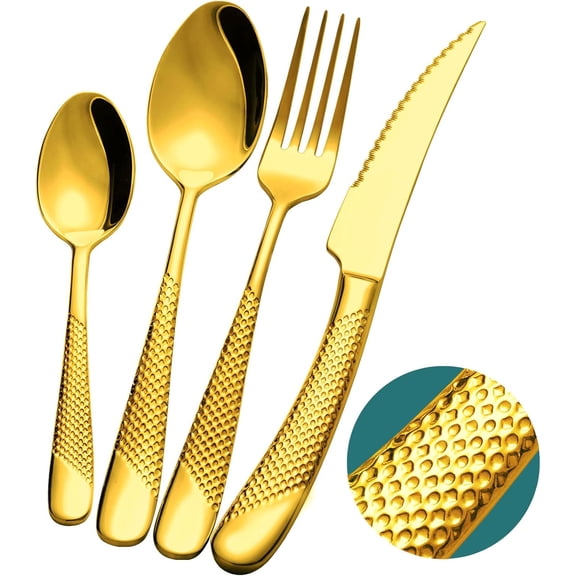 16-Piece ​Luxury Gold Hammered Silverware Set with Ultra Sharp 2-IN-1 Serrated Knife, 18/10 Stainless Steel Flatware Set, Tableware Cutlery Set for 4, Forks Spoons Knives Set