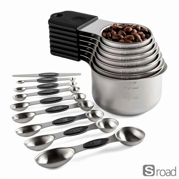16-Piece Magnetic Measuring Cups And Spoons Set, Stainless Steel Stackable Design With Leveler For Dry & Liquid Ingredients, Baking & Cooking Essentials,Black