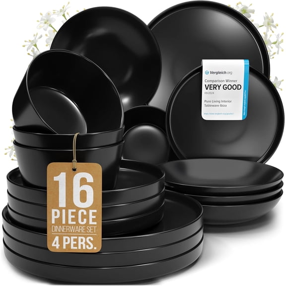 16 Piece Matte Black Dinnerware Set for 4 Plates and Bowls Stoneware Dishwasher and Microwave Safe