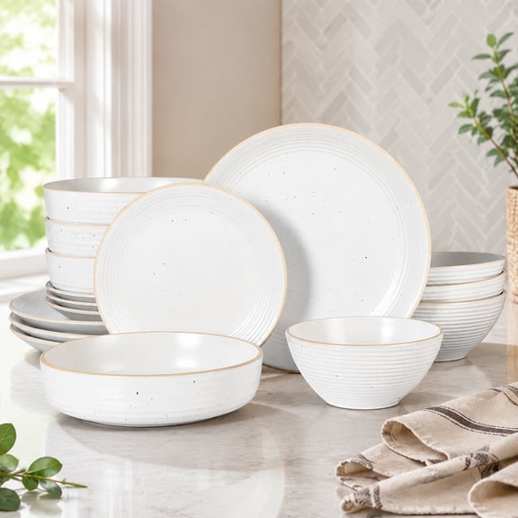 16-Piece Matte White Stoneware Dinnerware Set – Double Bowl, Embossed Speckled Design, Durable Kitchen Plates and Bowls