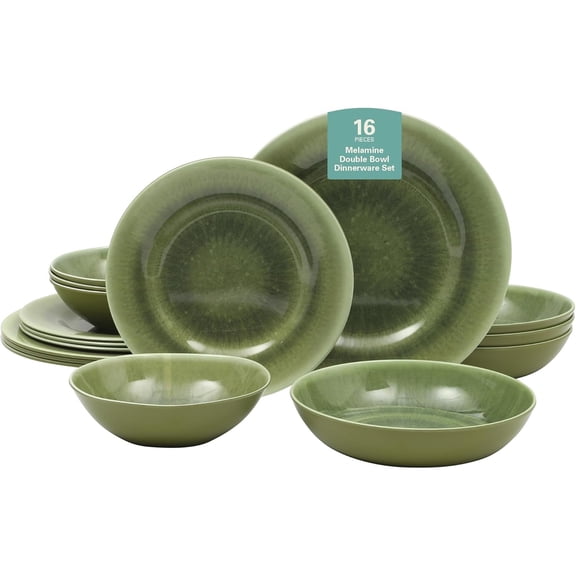 16-Piece Melamine Dinnerware Set  Green Reactive Glaze Look Plates and Bowls, Service for 4  Top Rack Dishwasher Safe Everyday Dining Set