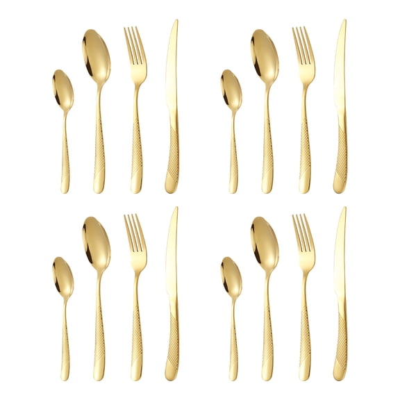16-Piece ​Modern Black Hammered Silverware Set, Stainless Steel Flatware Set, Titanium ​Plated Cutlery Set Service for 4, Reusable, Dishwasher Safe - quantities:Gold;
