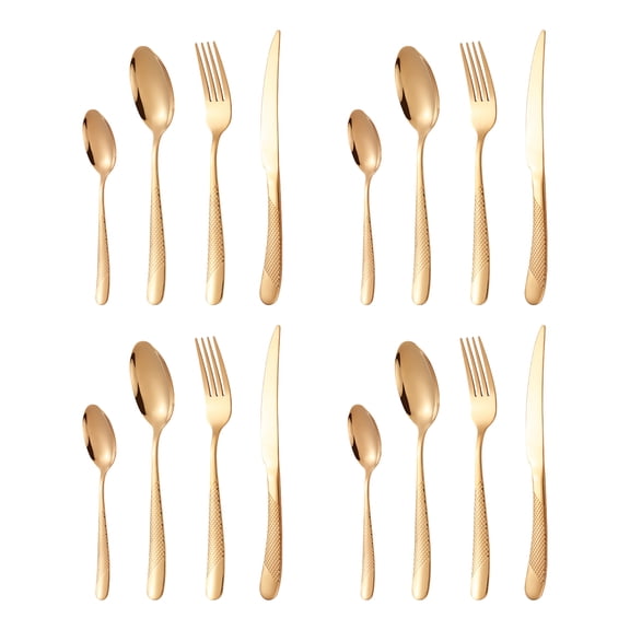 16-Piece Modern Black Hammered Silverware Set, Stainless Steel Flatware Set, Titanium Plated Cutlery Set Service for 4, Reusable, Dishwasher Safe - quantities:Rose Gold;