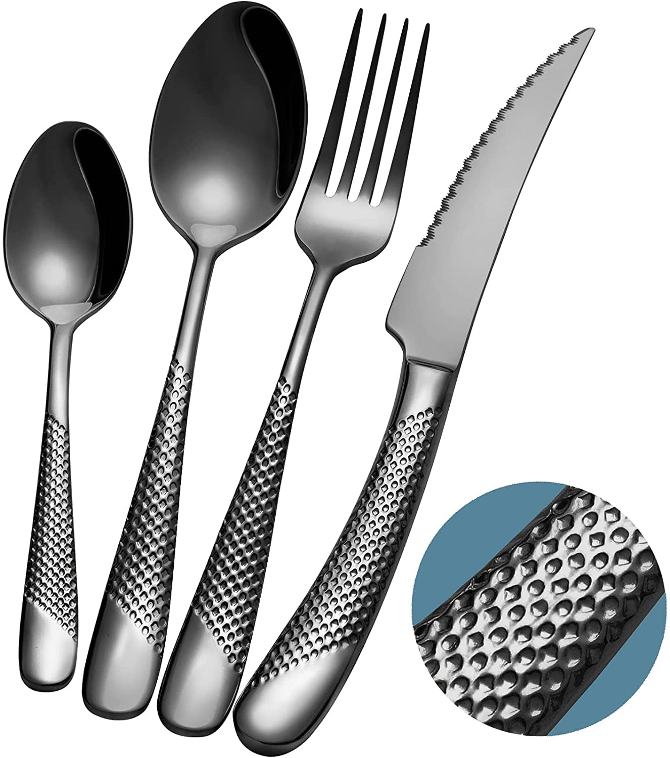 Sharp Silverware 16-Piece Modern Black Hammered Silverware Set with Ultra Sharp 2-IN-1 ...