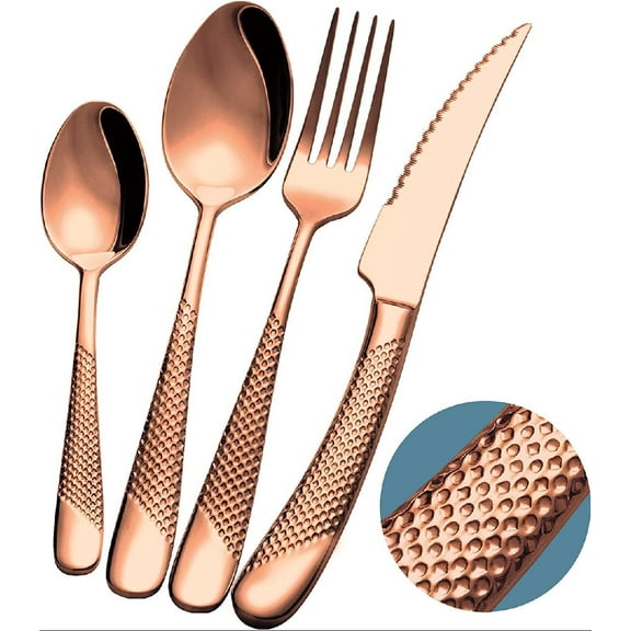 16-Piece Modern Copper Hammered Silverware Set with Ultra Sharp 2-IN-1 Serrated Knive, Rose Gold 18/10 Stainless Steel Flatware Set, Utensil Cutlery Set for 4 Person, Knife Fork Spoon Set