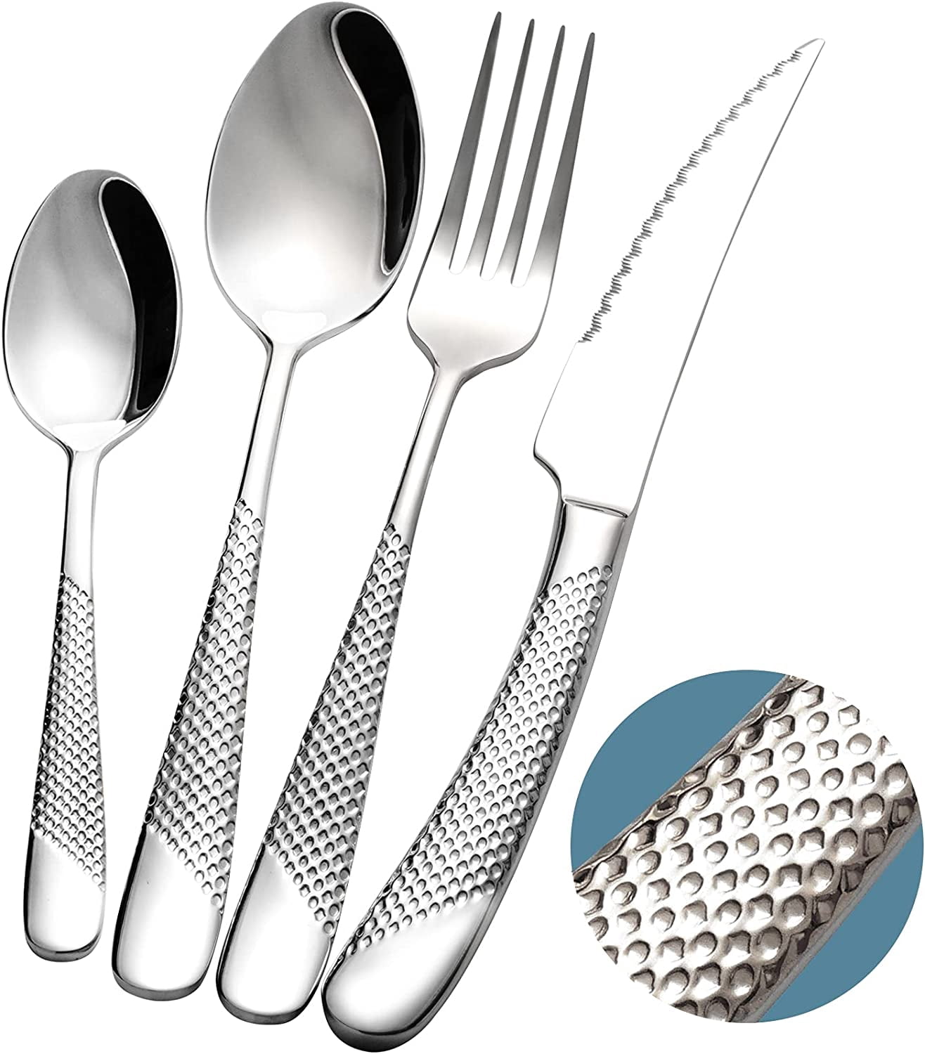 16-Piece Modern Hammered Cutlery Set with Ultra Sharp 2-in-1 Serrated ...