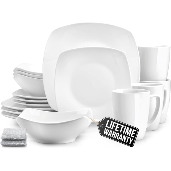 16 Piece Modern Porcelain Plate and Bowl Set for 4, Chip and Scratch Resistant Square Dinnerware, Microwave and Dishwasher Safe, Alpine White