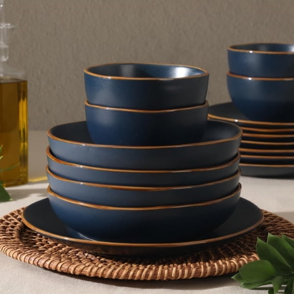 16-Piece Navy Blue Stoneware Dinnerware Set Plates and Bowls, Durable Ceramic Kitchen Dinner Set