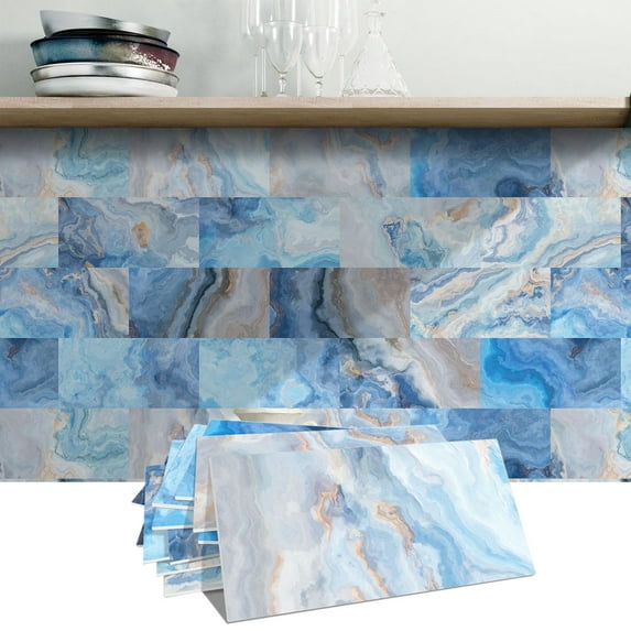 16-Piece Ocean Blue Marble Peel-and-Stick Wall Panels – Waterproof, Oil-Resistant PVC Tiles for Kitchen/Bathroom/Laundry Decor