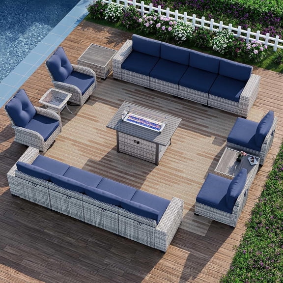 Sweecci 16 Pcs Wicker Patio Furniture Set, Outdoor Sectional Sofa with 55000BTU Fire Pit Table, 360° Swivel Rocking Chairs, 4" Cushions All-Weather Conversation Set for Backyard Porch,Navy Blue