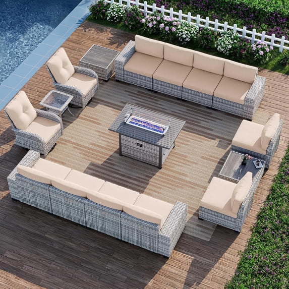 Sweecci 16 Pcs Wicker Patio Furniture Set, Outdoor Sectional Sofa with 55000BTU Fire Pit Table, 360° Swivel Rocking Chairs, 4" Cushions All-Weather Conversation Set for Backyard Porch,Beige