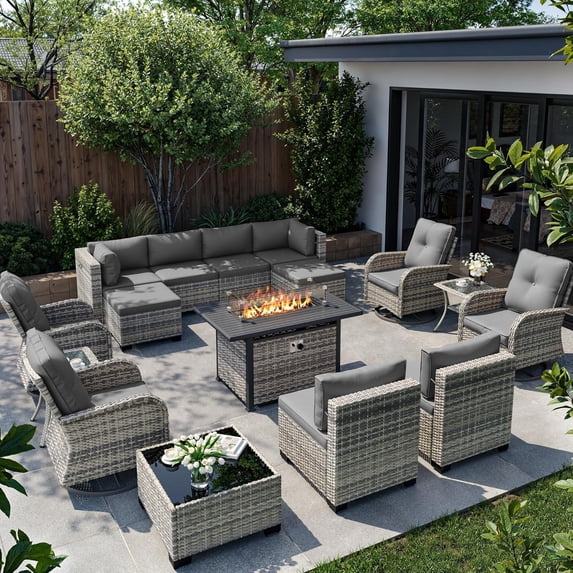 16-Piece Outdoor Patio Furniture Set with Rocking Swivel Chair, Wicker Rattan Sectional Sofa Conversation Set with 55,000 BTU Fire Pit Table with Ottomans, Backyard Furniture,Grey