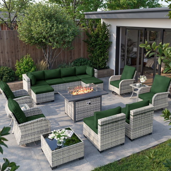 16-Piece Outdoor Patio Furniture Set with Rocking Swivel Chair, Wicker Rattan Sectional Sofa Conversation Set with 55,000 BTU Fire Pit Table with Ottomans, Backyard Furniture,Dark Green
