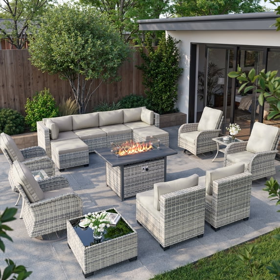 16-Piece Outdoor Patio Furniture Set with Rocking Swivel Chair, Wicker Rattan Sectional Sofa Conversation Set with 55,000 BTU Fire Pit Table with Ottomans, Backyard Furniture,Off-White