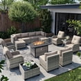 thumbnail image 1 of 16-Piece Outdoor Patio Furniture Set with Rocking Swivel Chair, Wicker Rattan Sectional Sofa Conversation Set with 55,000 BTU Fire Pit Table with Ottomans, Backyard Furniture,Beige, 1 of 16